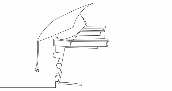 Self drawing line animation pile of books and cap for back to school continuous one single line drawn concept video