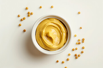 cup of hot and tasty yellow dijon mustard paste with seeds, top view
