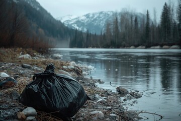 Environmental alert on Alaskan river, black plastic bag against pristine nature backdrop. Concept of wilderness conservation and pollution prevention - 790188749