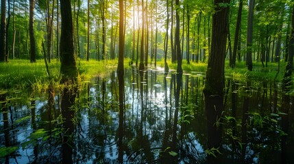 Fototapeta na wymiar Wetlands and natural carbon sink concept. Wetlands forest with reflections in water. Freshwater wetland. Body of water. Landscape of natural carbon capture. Sustainable Ecosystems.
