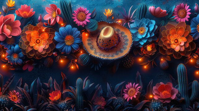 cinco de mayo theme with decorative sombrero amidst vibrant flowers and cacti