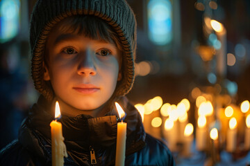 Little boy holding burning candle on church. Child lights a candle in a chapel. Happy Easter, Christmas. Ascension Day, Trinity Sunday
