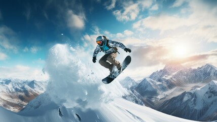 Snowboarder, person in winter clothes and sportswear, doing snowboard tricks by sliding and jumping...