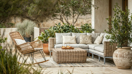 Obraz premium An Elegant Outdoor Garden Living Room with Comfortable and Luxurious Furniture.