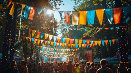 An outdoor festival where all materials used are biodegradable or recyclable, vibrant flags and happy attendees, with ample text space at the top