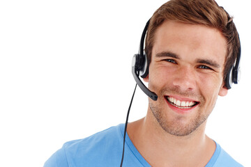 Portrait, customer service and man with headphones, call center and telemarketing consultant...