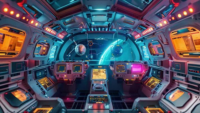 A spaceship with a futuristic interior. The concept of space travel and advanced technologies.