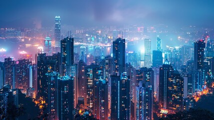 Fototapeta premium A cityscape at night showing buildings with automated energy-saving systems, lights adjusting dynamically, with ample text space at the top