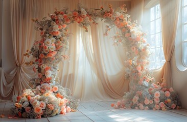 An image of a flower arch with pink and white flowers. There is a soft pink curtain in the background. The floor is white and there is a large window on the right side of the image.