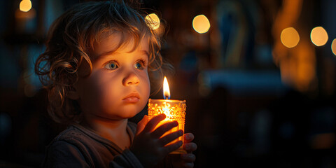 Little boy holding burning candle on church. Child lights a candle in a chapel. Happy Easter, Christmas. Ascension Day, Trinity Sunday