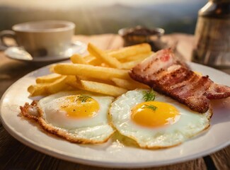 Fried eggs with bacon and french fries