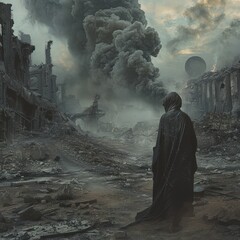 a person in a black robe looking at a destroyed city