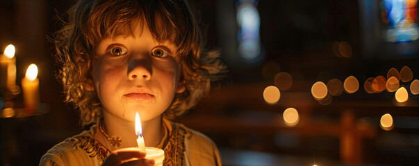Little boy holding burning candle on church. Child lights a candle in a chapel. Happy Easter, Christmas. Ascension Day, Trinity Sunday