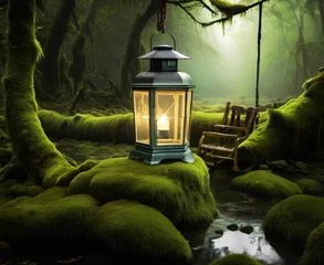 Foto op Plexiglas lantern with a glowing candle and old rocking chair in a moss covered forest © marc