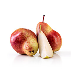 Healthy, nutrition or pear in studio for appetizer, tasty treat or fresh food diet. Pyrus communis, white background and isolated for fruit snack, vitamins or organic fiber eating and wellness