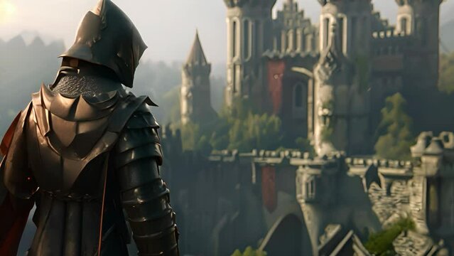 Knight in dark armor standing in front of a castle surrounded by mist. The concept of medieval adventures and mystique.