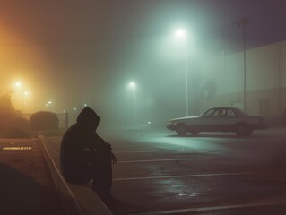 a person sitting on a curb in a parking lot at night - obrazy, fototapety, plakaty