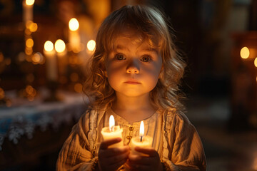 Little girl holding burning candle on church. Child lights a candle in a chapel. Happy Easter, Christmas. Ascension Day, Trinity Sunday