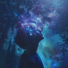 a person with their eyes closed and a tree with lights coming out of their head - obrazy, fototapety, plakaty