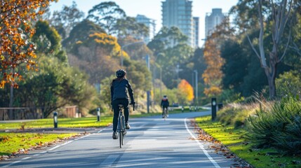 A cyclist on a dedicated bike path through an urban park, city buildings in the distance, with ample text space at the top