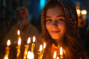 Little girl holding burning candle on church. Child lights a candle in a chapel. Happy Easter, Christmas. Ascension Day, Trinity Sunday