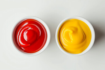 cup of hot and tasty yellow dijon mustard paste and red ketchup, top view