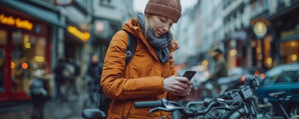 A cyclist using a smartphone app next to a bike-sharing station, city life bustling around, ideal for text on the left - Powered by Adobe
