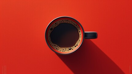 Top view of the coffee Red background. Minimalist concept.	