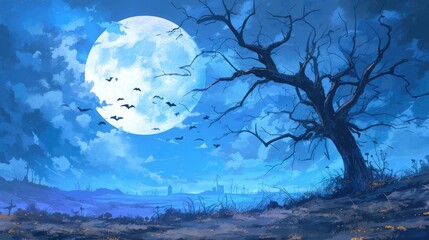 Illustration of a spooky Halloween scene featuring a full moon and a barren tree in the background