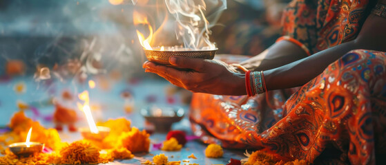 A woman is holding a small bowl with a flame in it