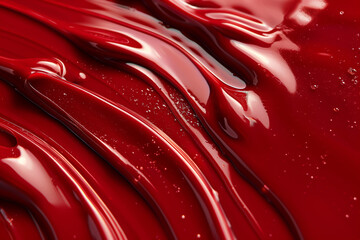 Close-Up of Glossy Red Paint Swirls and Textures Captured Under Bright Light.