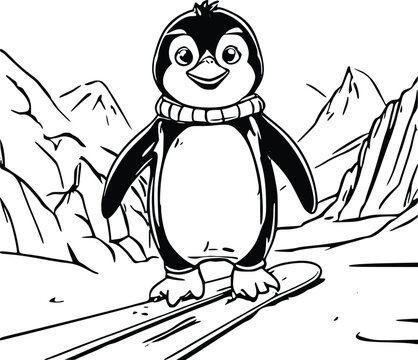 Cute Penguin Skiing outline doodle cartoon illustration. Bold and easy coloring book page activity for kids and adults. Created with Generative AI