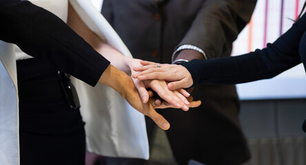Unity and teamwork - Professional business team hands together celebrate success work. Unity and...