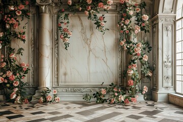 Marble wall with Corinthian pilasters, decorated with climbing pink roses - obrazy, fototapety, plakaty