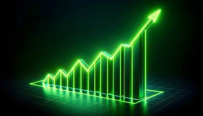 concept of economic growth, a three-dimensional digital graph with a rising curve, glowing points, and vertical lines to give a sense of depth and dynamic movement.