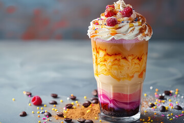 colorful rainbow iced latte with whipped cream topping and fresh raspberries