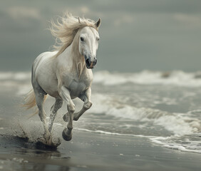 Obraz premium A white horse is running on the beach, with its mane blowing in the wind. The scene is serene and peaceful, with the horse's movement creating a sense of freedom and grace