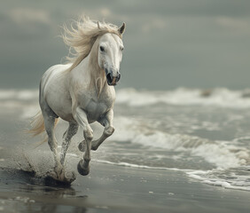 Obraz na płótnie Canvas A white horse is running on the beach, with its mane blowing in the wind. The scene is serene and peaceful, with the horse's movement creating a sense of freedom and grace