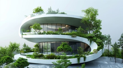 3d rendering Cozy and modern house. Modern future green sustainable architecture isolated white...