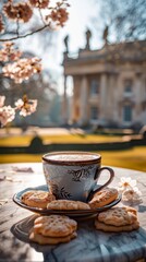 A blue coffee cup with cookies on a table in front of a building. Scene is peaceful and relaxing