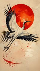 A bird is flying in the sky above a red sun. The bird is white and black. The image has a peaceful and serene mood