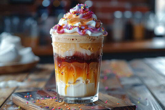 decadent iced latte with caramel syrup and rainbow sprinkles in a cozy cafe