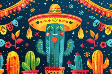 A colorful drawing of a cactus with a hat on it. The cactus is surrounded by other plants and decorations, giving the impression of a festive scene