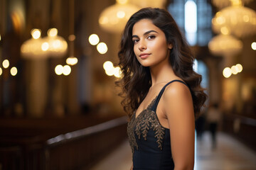 Young beautiful woman standing at church background