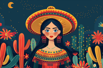 A woman wearing a sombrero and a colorful dress is surrounded by cacti and flowers