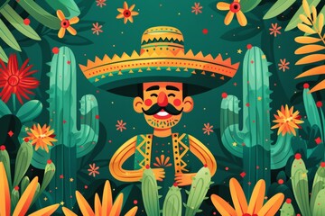 A man in a sombrero is surrounded by cacti and flowers. The man is smiling and he is enjoying himself. The image has a lively and colorful feel to it, with the bright colors of the flowers