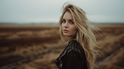 A blonde woman stands in a field with her hair blowing in the wind. The image has a moody and somewhat lonely feel to it, as the woman is the only person in the scene