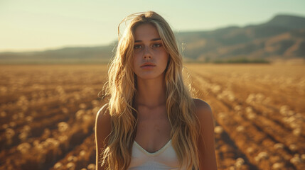 A blonde woman stands in a field of tall grass. The field is empty and the sky is clear