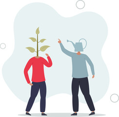 businessman watering can head help grow seedling one.flat vector illustration.