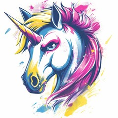 A colorful unicorn with a pink mane and a yellow horn. The unicorn has a fierce expression on its face, giving it a menacing appearance